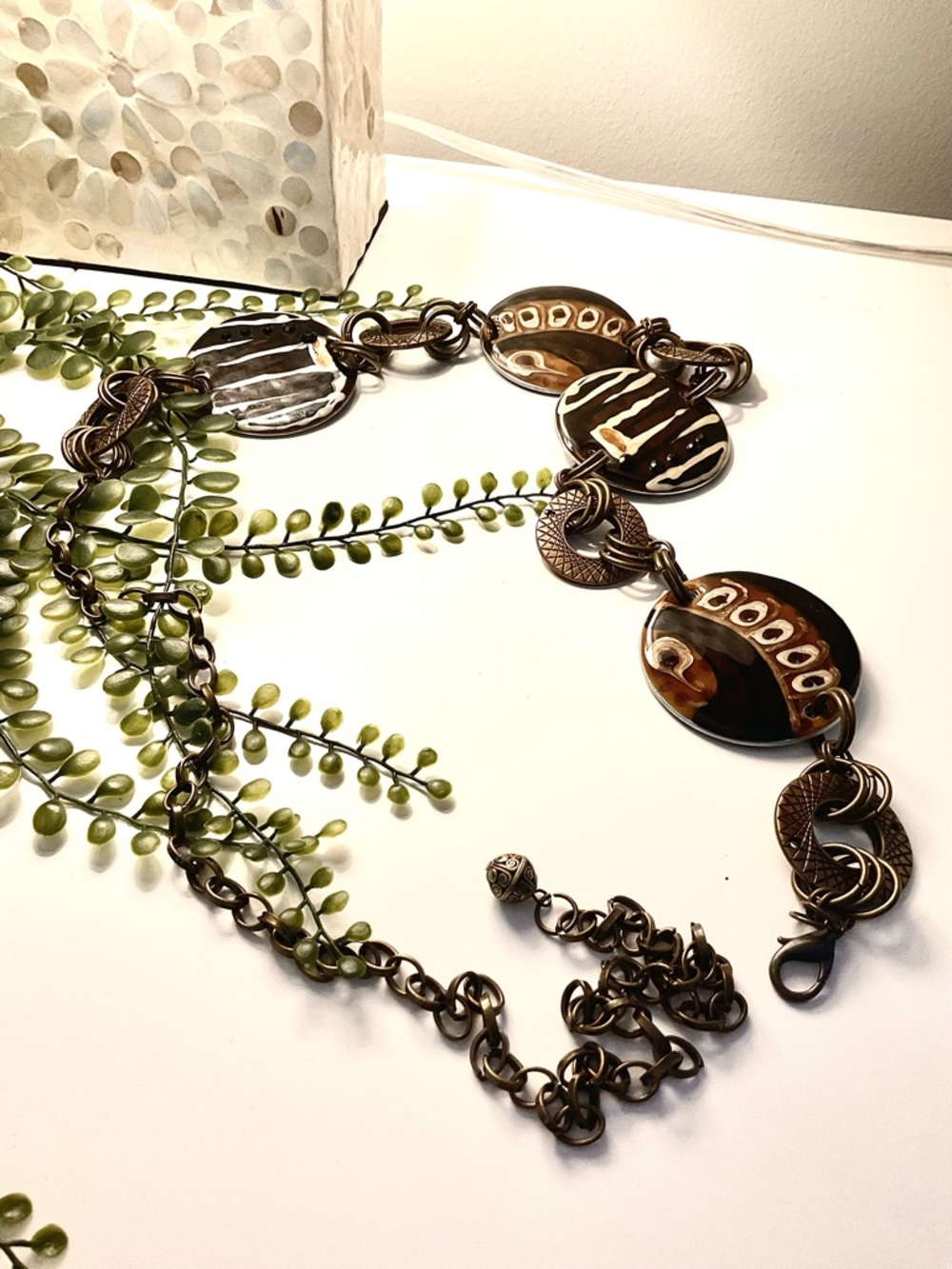 Vintage Brass and Ceramic Chain Belt for Western wear. Length 48”